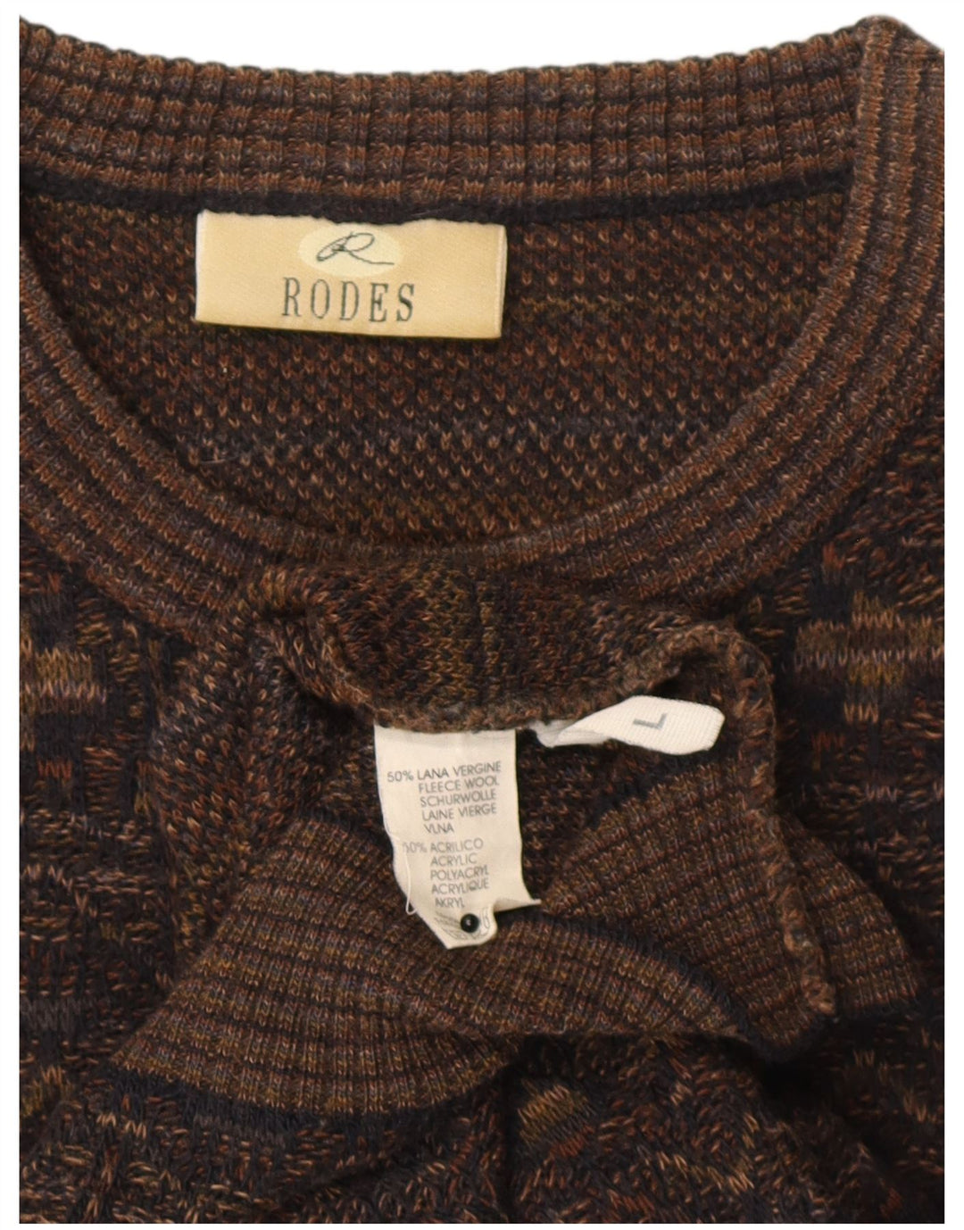 Rodes Herren-Pullover mit Rundhalsausschnitt, groß, braune, geometrische Wolle