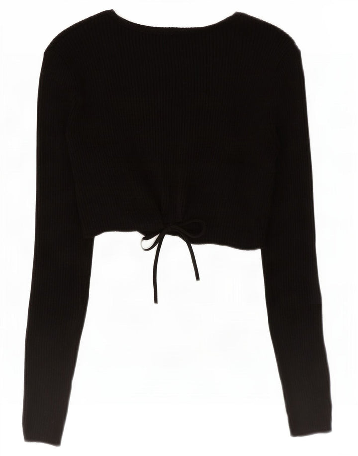 Zara Damen Langarm-Crop-Top UK 12 Mittelschwarze Viskose