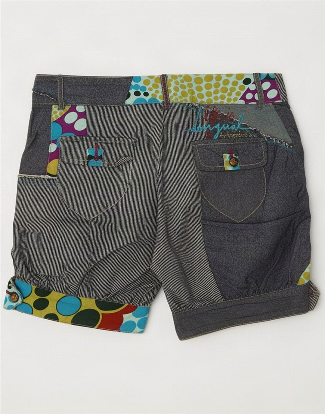Desigual Damen Regular Shorts EU 36 Small W28 Marineblau Patchwork Baumwolle