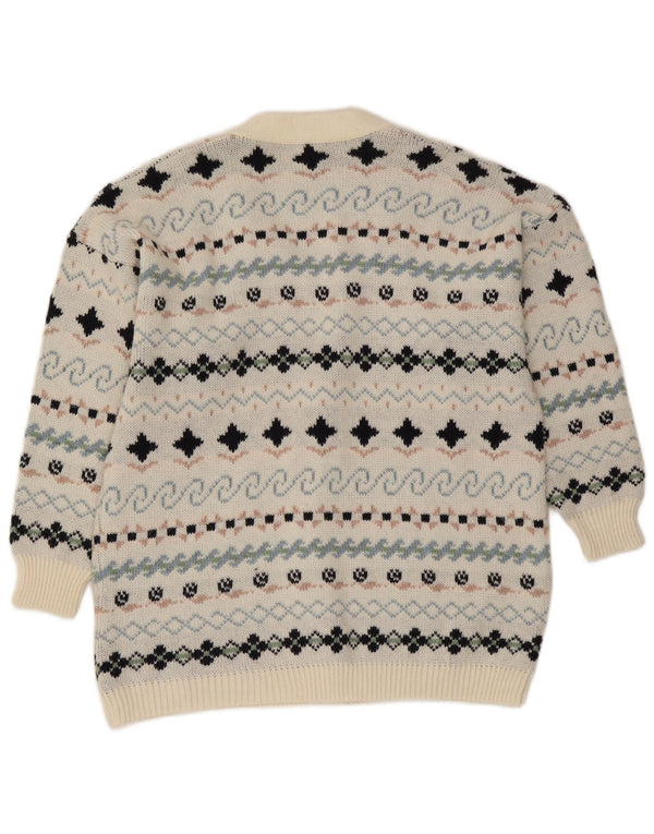 Vintage Damen Cardigan Pullover UK 16 Groß Weiß Fair Isle