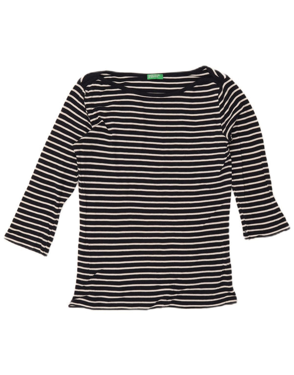 BENETTON Damen-Top mit 3/4-Ärmeln, Größe S, Marineblau, gestreift, Baumwolle