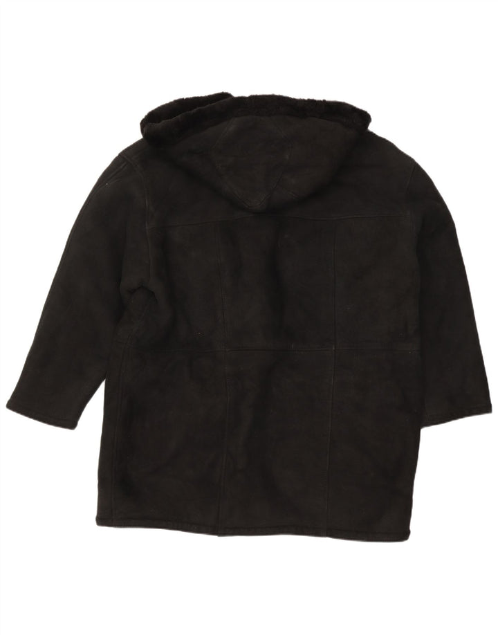 Vintage Damen-Kapuzenübergroßer Shearling-Mantel UK 16 Large Schwarz