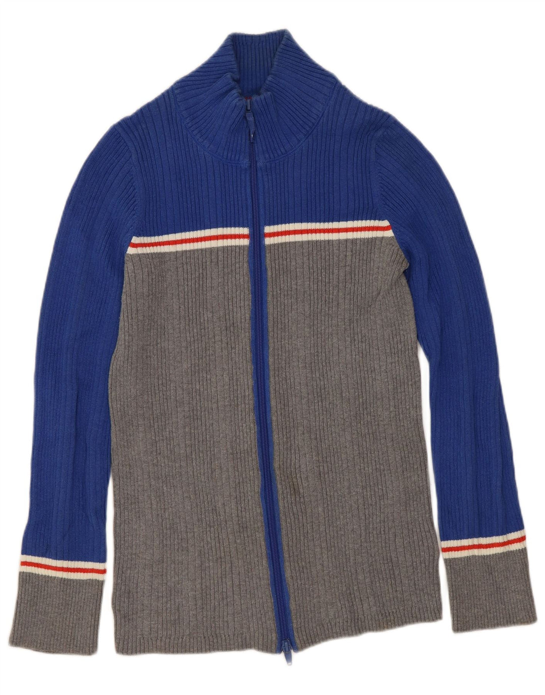 Eddie Bauer Damen-Cardigan-Pullover UK 12 Mittelblaue Colourblock-Baumwolle