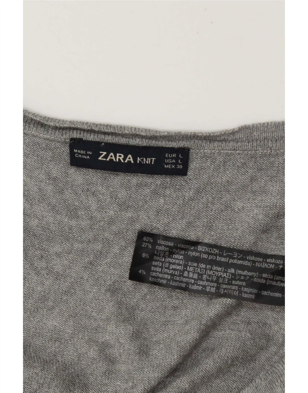 Zara Damen-Pullover mit V-Ausschnitt, Gr. 42, Größe L, graue Viskose