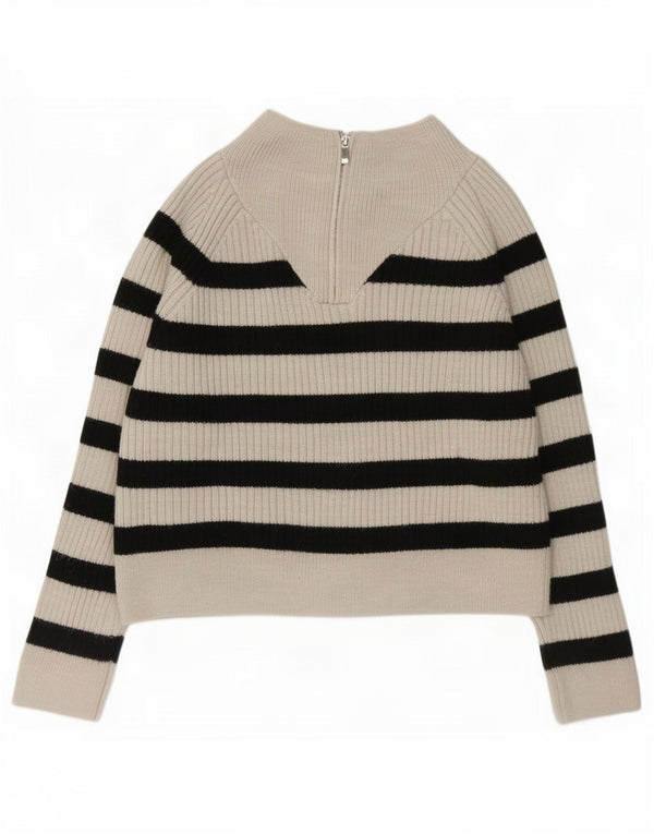 Zara Damen-Pullover mit Reißverschluss am Hals, UK 14, Mittel, gebrochenes Weiß, gestreift, Acryl