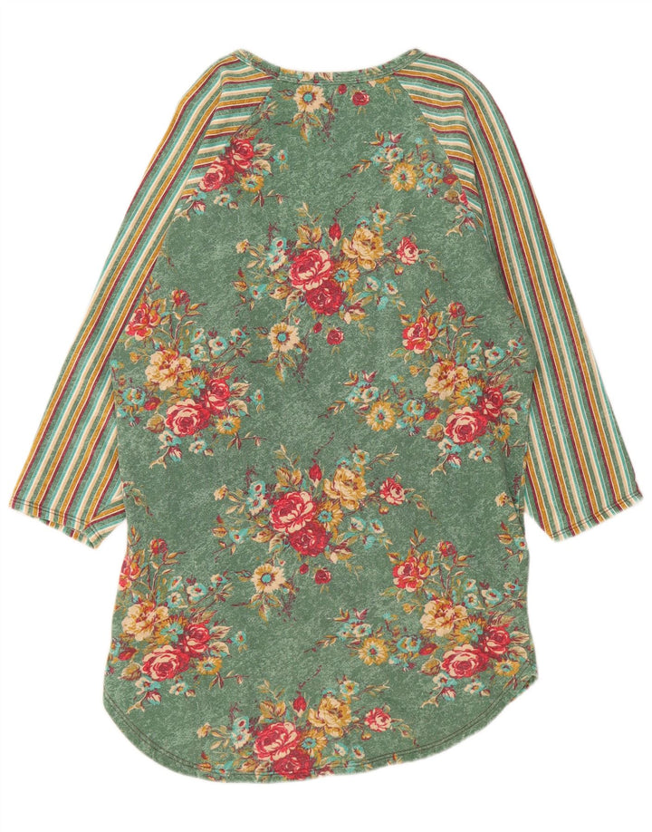 BENETTON Damen Langarm-T-Shirt-Kleid UK 14 Mittelgrün geblümt