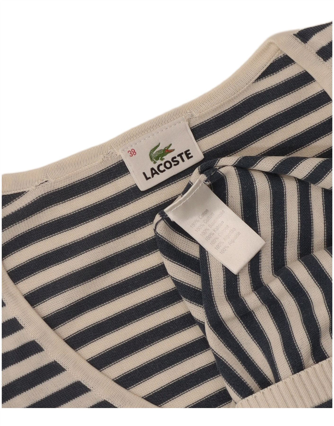 Lacoste Damen-Pullover mit V-Ausschnitt, Größe 38, mittelmarineblau gestreift