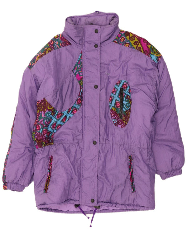 Brugi Womens Loose Fit Kapuzen-gepolsterte Skijacke IT 46 Large Lila Paisley