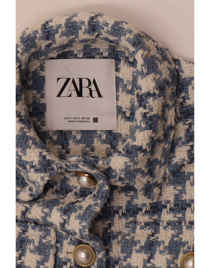 Zara Damen-Blazer mit 3/4-Ärmeln und 5 Knöpfen, Gr. 10, Größe S, blauer Hahnentrittmuster