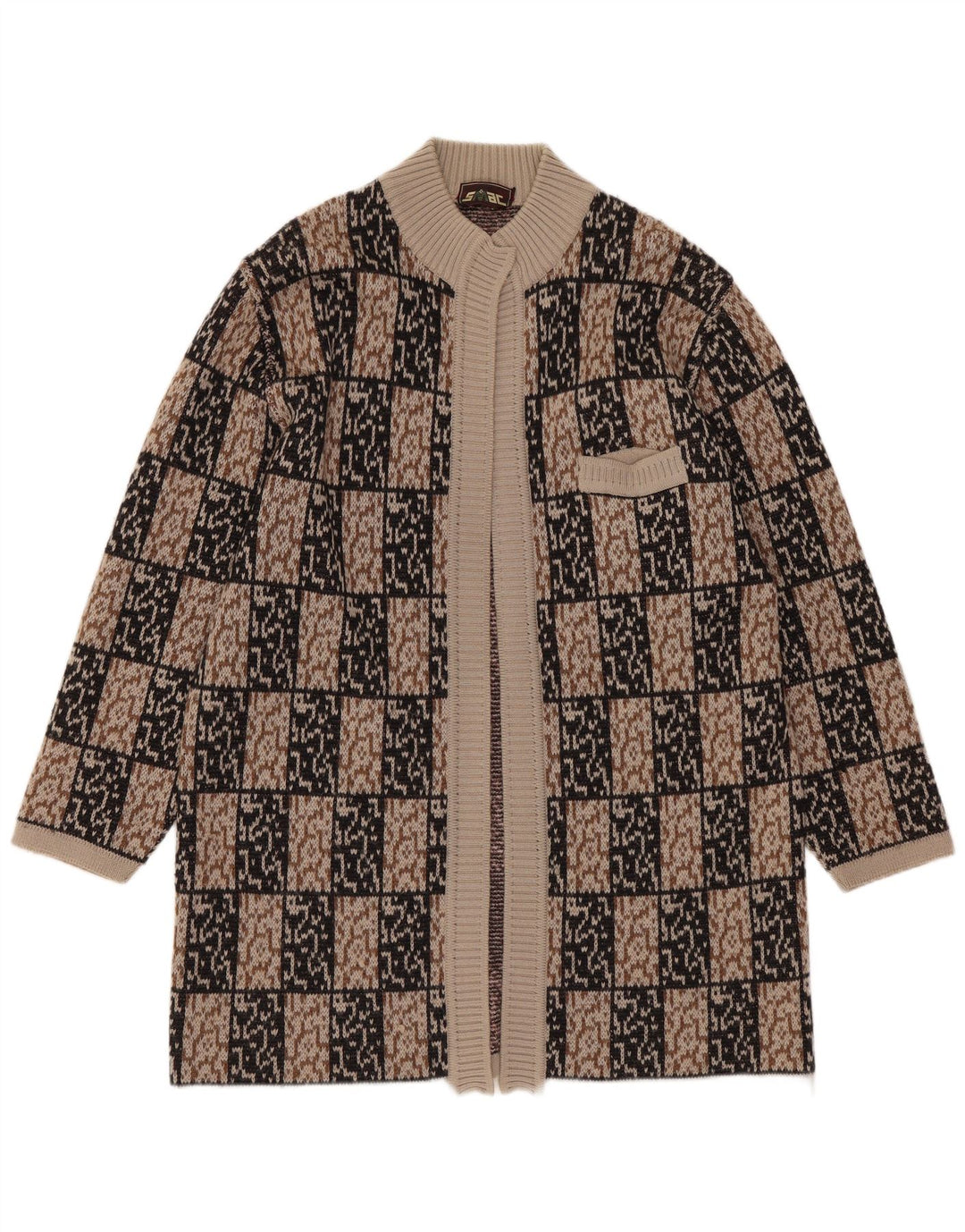 VINTAGE Damen Longline Open Cardigan Pullover IT 44 Mittelbraun Geometrisch