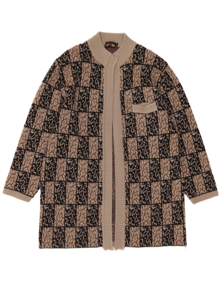 VINTAGE Damen Longline Open Cardigan Pullover IT 44 Mittelbraun Geometrisch