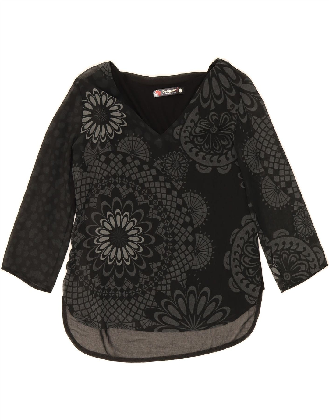 DESIGUAL Womens Graphic Top 3/4 Sleeve UK 14 Large Black Floral Polyester Vintage Desigual and Second-Hand Desigual from Messina Hembry 