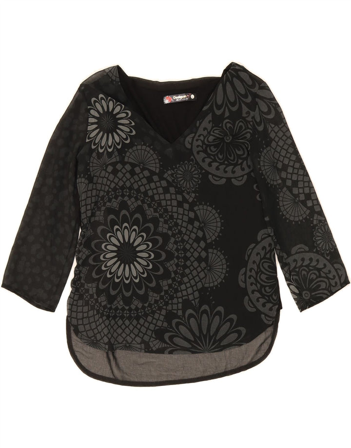 DESIGUAL Womens Graphic Top 3/4 Sleeve UK 14 Large Black Floral Polyester Vintage Desigual and Second-Hand Desigual from Messina Hembry 