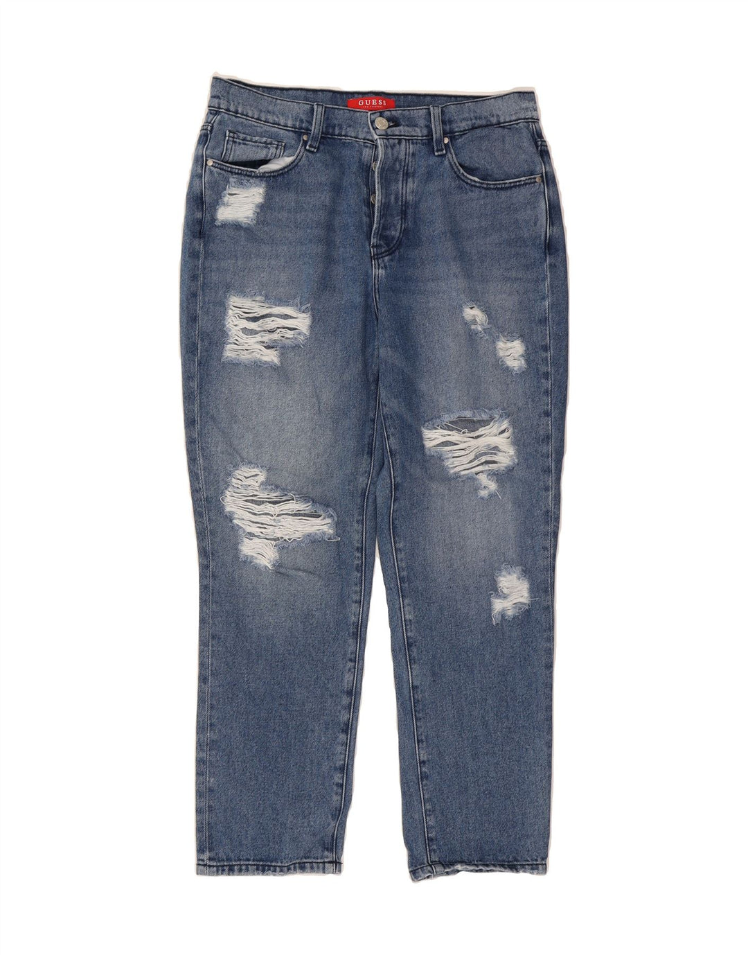 GUESS Womens Crop Distressed Tapered Jeans W31 L26 Blue Polyester Vintage Guess and Second-Hand Guess from Messina Hembry 