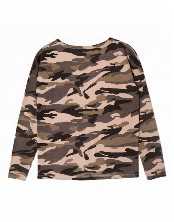 Benetton Womens Graphic Top Langarm UK 20 2XL Khaki Camouflage Baumwolle