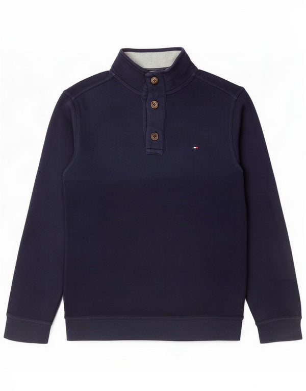Tommy Hilfiger Herren-Sweatshirt mit Knopfkragen, mittelblaue Baumwolle, mittelblau