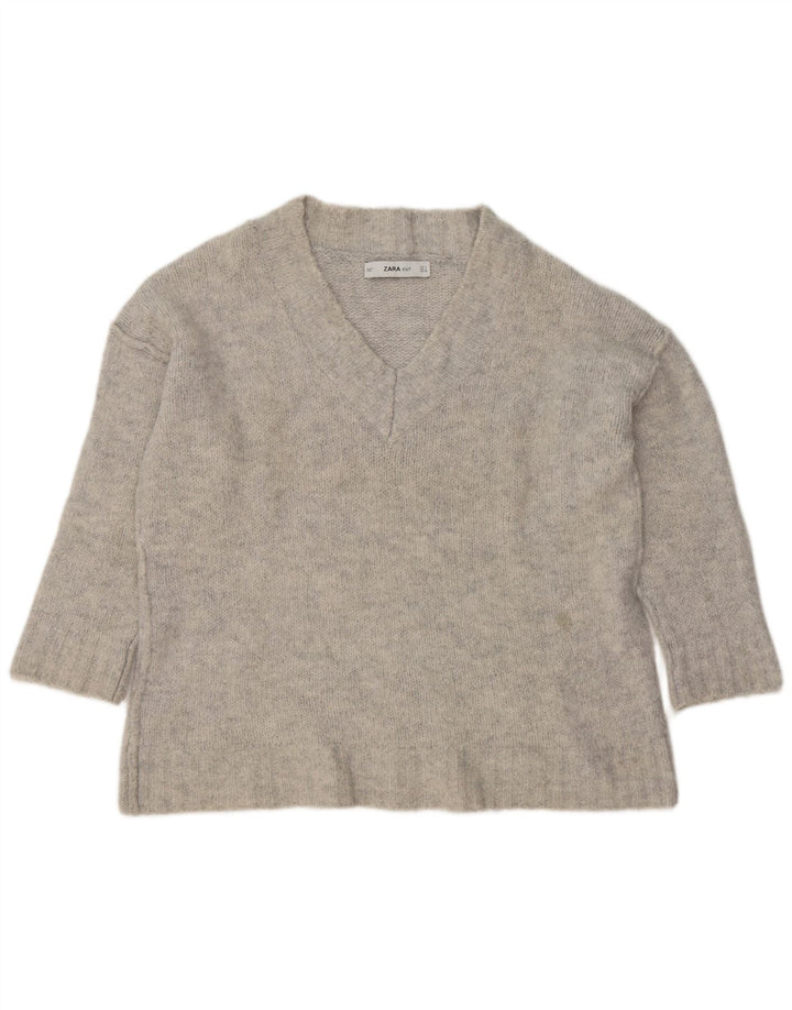 Zara Damen-Pullover, übergroß, V-Ausschnitt, Gr. 10, Größe S, Grau, Acryl