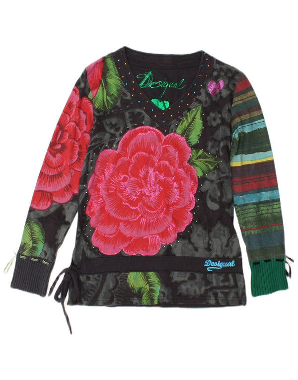 Desigual Damen Graphic Top Langarm UK 14 Medium Schwarz Floral