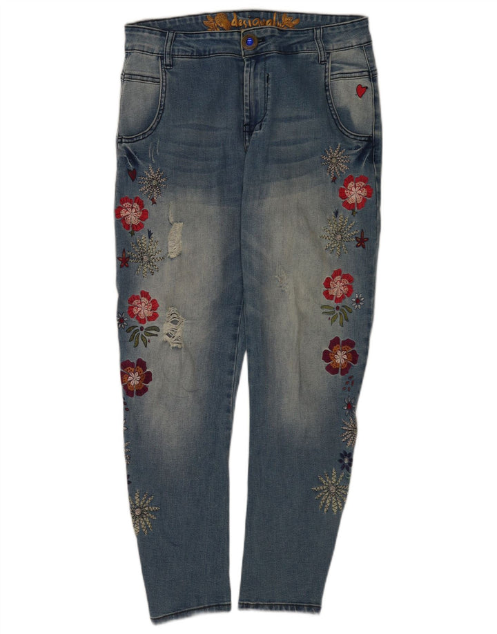 Desigual Damen Distressed Slim Jeans W26 L26 Blau geblümt