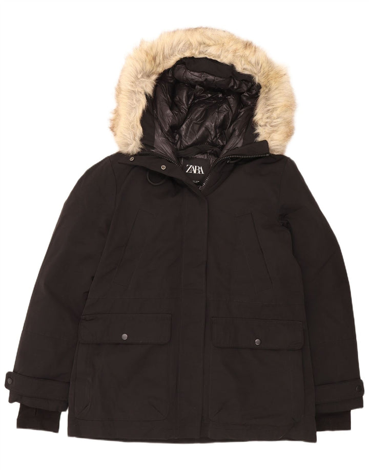 Zara Damen-Jacke mit Kapuze, gepolstert, UK 16, Größe L, Schwarz, Polyester