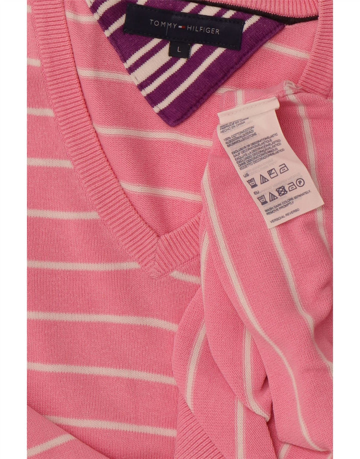 TOMMY HILFIGER Herren-Pullover mit V-Ausschnitt, groß, rosa gestreift, Baumwolle