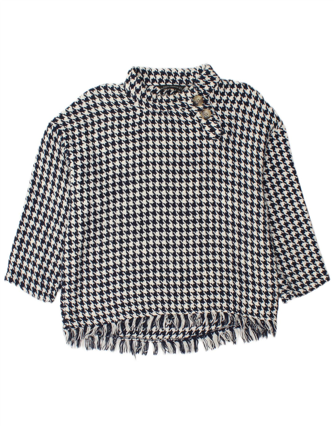 Zara Damen-Pullover mit Knopfkragen, Gr. 14, mittleres marineblaues Hahnentrittmuster