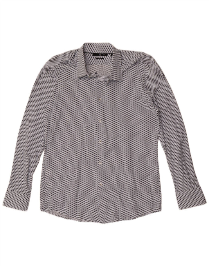 Hugo Boss Herren Slim Fit Hemd Größe 41 16 Großes blaues geometrisches Polyamid