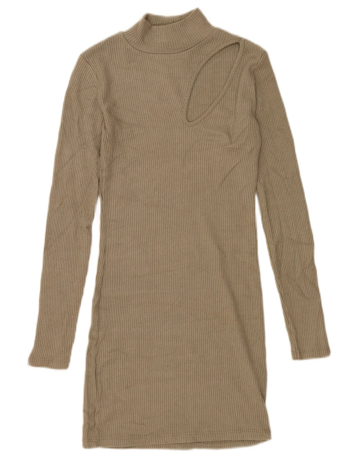 Zara Damen Langarm-Bodycon-Kleid UK 10 Small Khaki Polyester