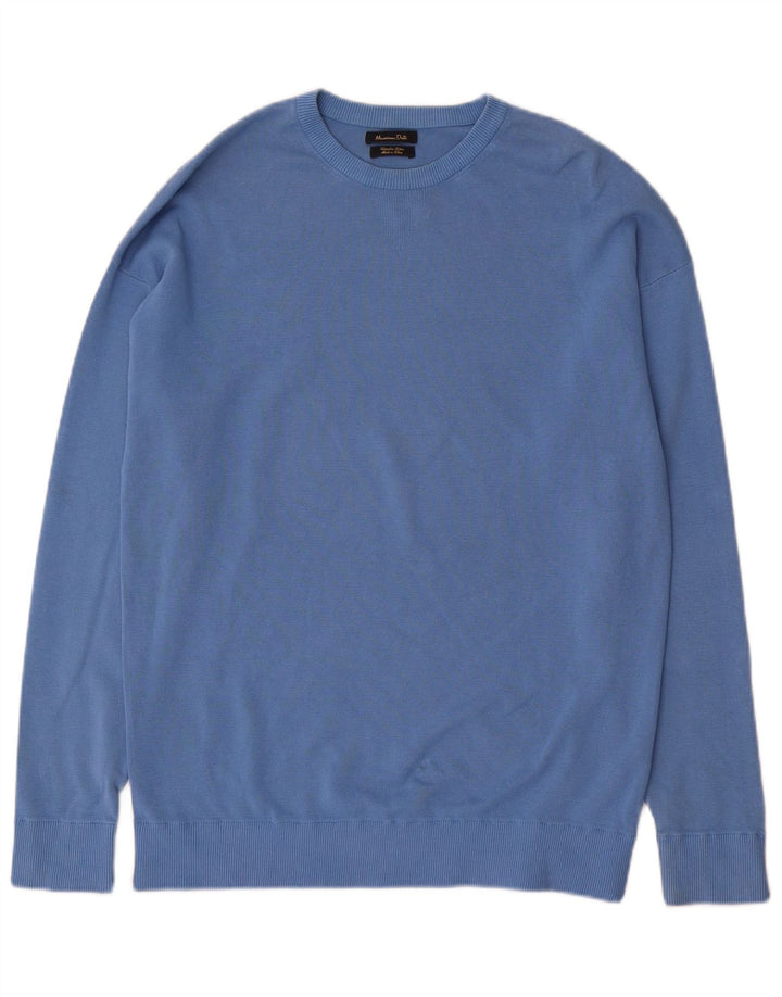 Massimo Dutti Herren-Pullover mit Rundhalsausschnitt, mittelblaue Baumwolle