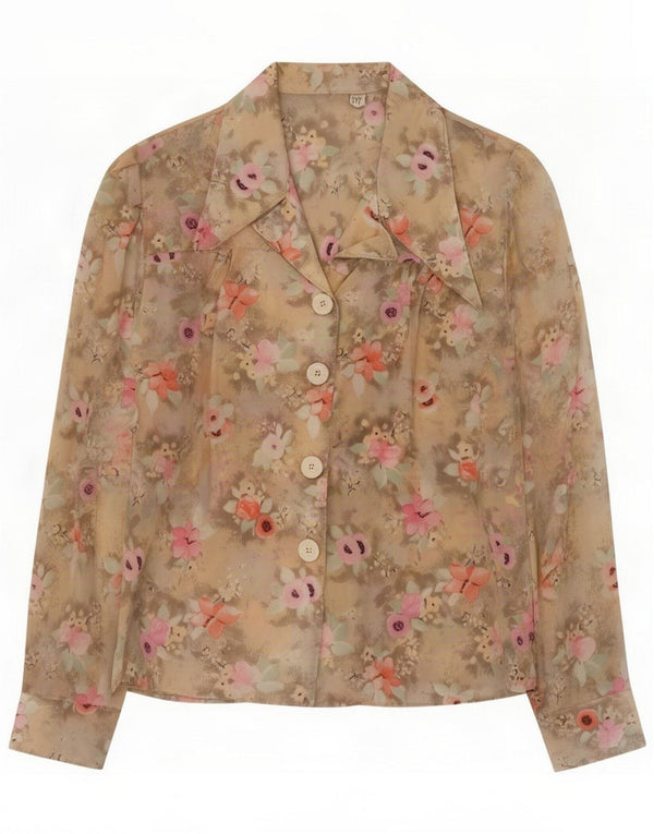 Vintage Damen Langarm-Hemdbluse UK 14 Medium Beige Floral Retro
