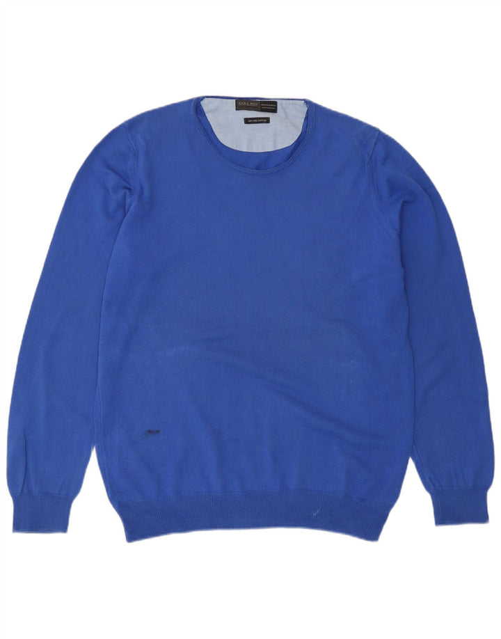 Zara Herren-Pullover mit Rundhalsausschnitt, mittelblaue Baumwolle