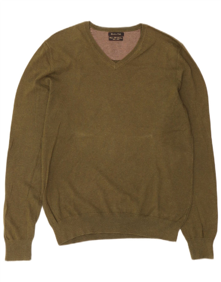 Massimo Dutti Herren-Pullover mit V-Ausschnitt, mittlere Khaki-Baumwolle