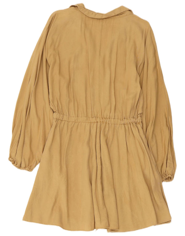 Zara Damen Langarm-Hemdkleid UK 14 Large Beige Lyocell
