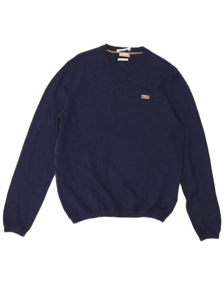 Napapijri Herren Geographic Pullover mit V-Ausschnitt aus mittelblauer Wolle