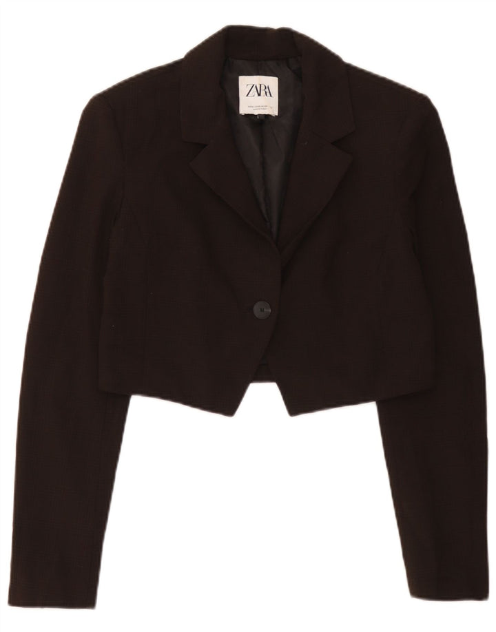 Zara Damen Crop 1 Button Blazer Jacke UK 6 XS Brauner Hahnentritt