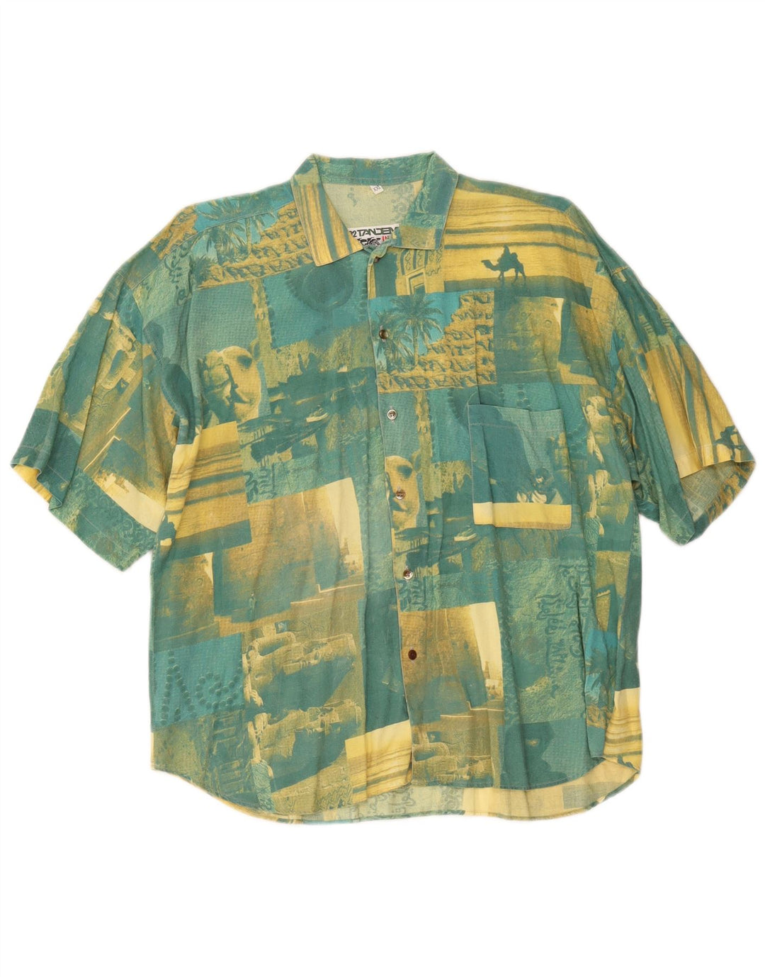 Vintage Herren Grafik Kurzarmshirt 2XL Grün Patchwork Baumwolle