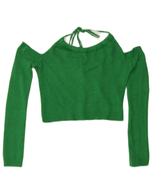 Vintage Damen Crop Knit Off Shoulder Neckholder Top UK 12 Mittelgrüne Viskose