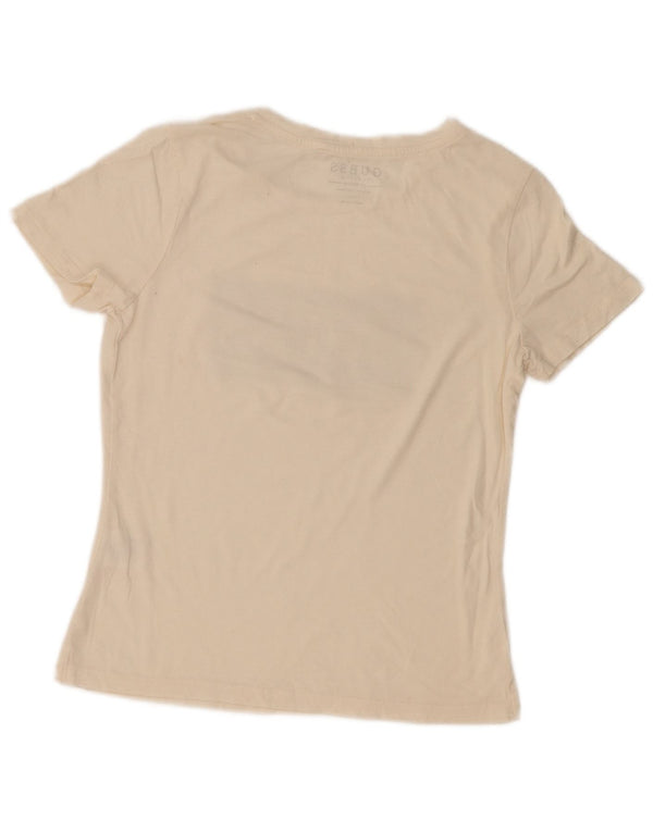 Guess Damen-T-Shirt mit lockerer Passform, Grafik, UK 10, Größe S, cremefarbene Baumwolle