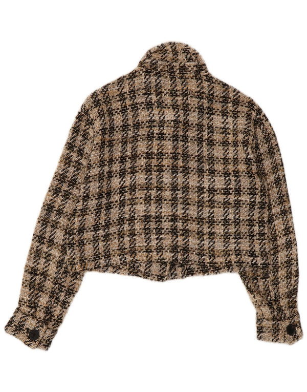 ZARA Damen Crop Bomberjacke UK 10 Small Beige Check Baumwolle