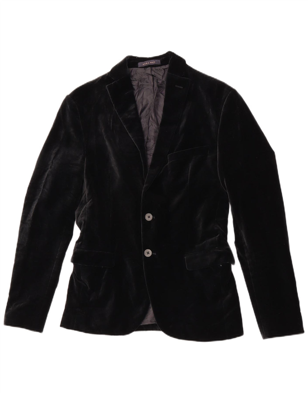 Zara Herren 2-Knopf-Samt-Blazerjacke, EU 46, kleine schwarze Baumwolle