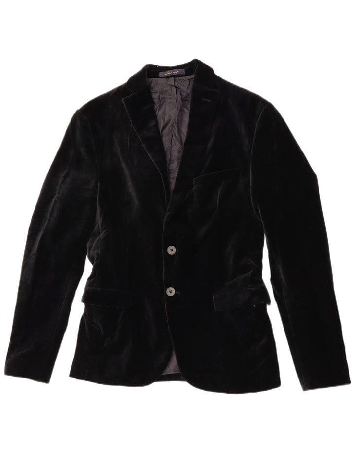 Zara Herren 2-Knopf-Samt-Blazerjacke, EU 46, kleine schwarze Baumwolle