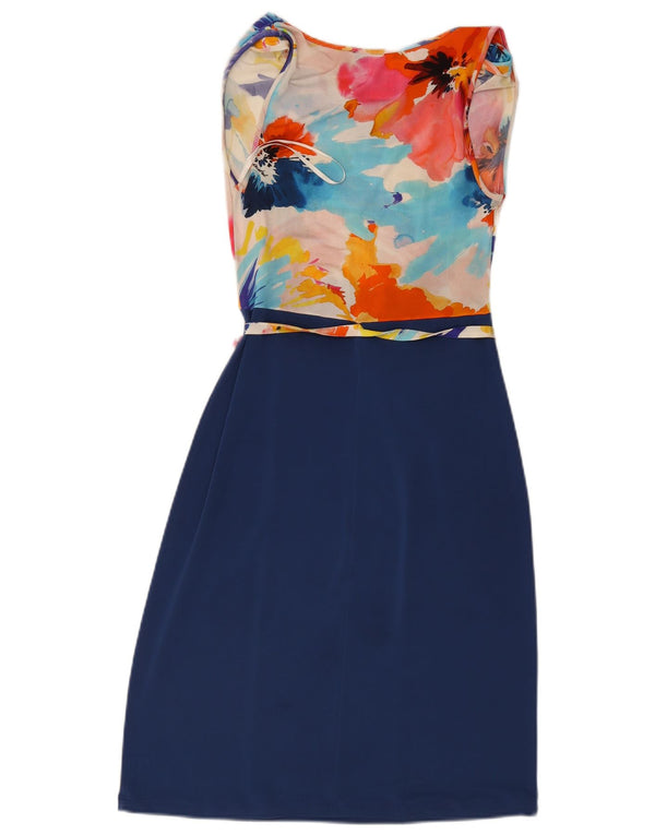 Vintage Damen Ärmelloses Etuikleid UK 10 Small Navy Blue Floral Viscose