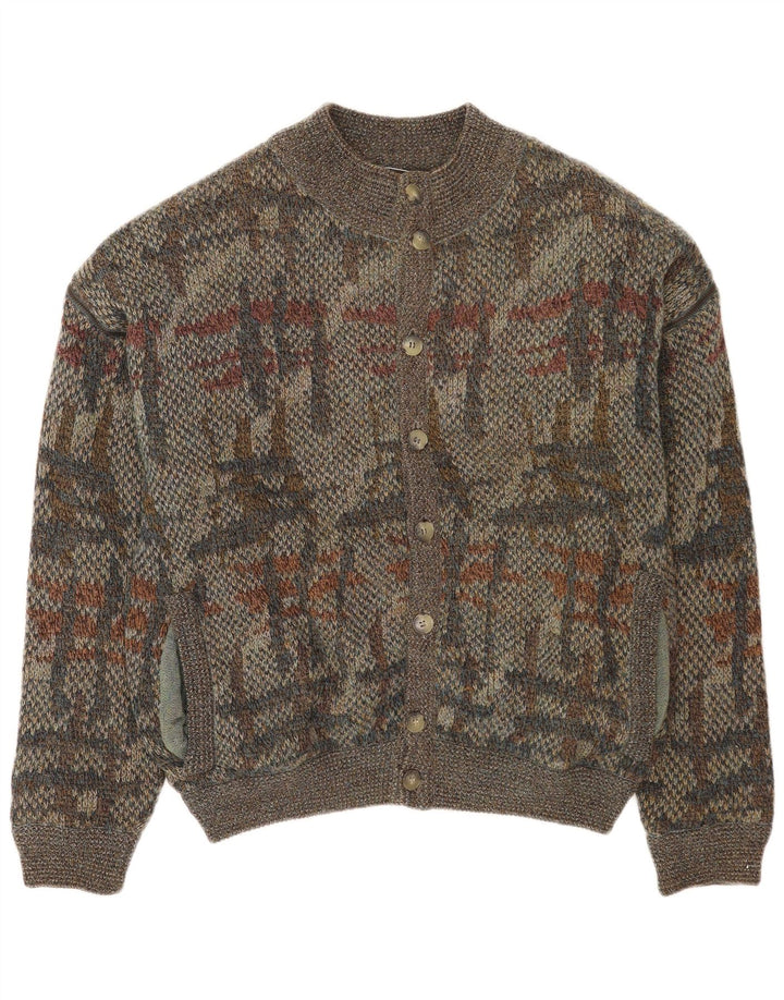 Vintage Herren Strickjacke mit abstraktem Muster IT 48 Mittelgraue Wolle