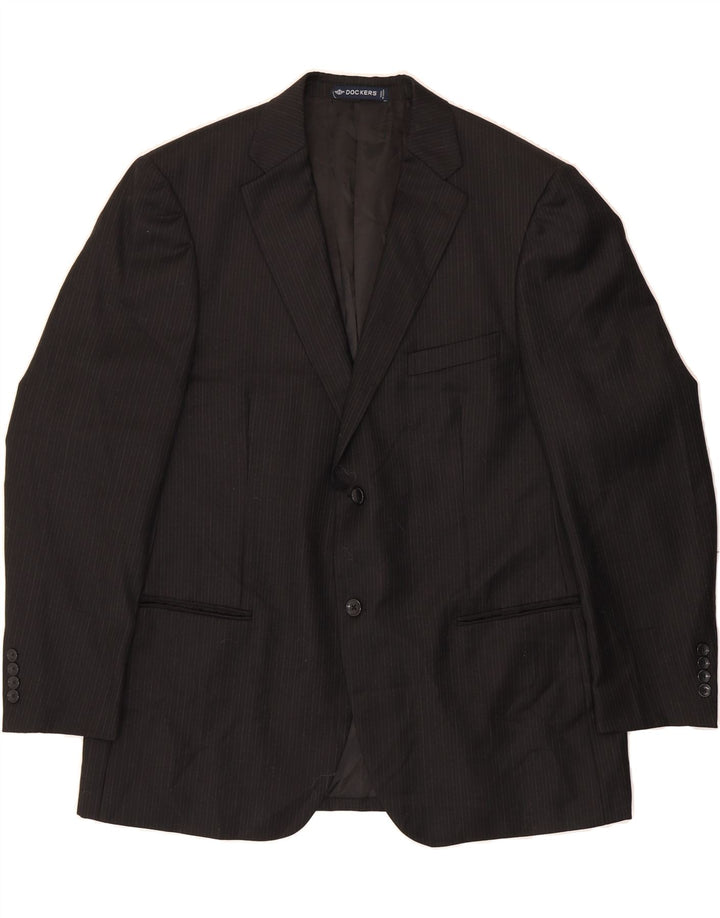 DOCKERS Mens 2 Button Blazer Jacket UK 46 3XL Black Pinstripe Wool Vintage Dockers and Second-Hand Dockers from Messina Hembry 