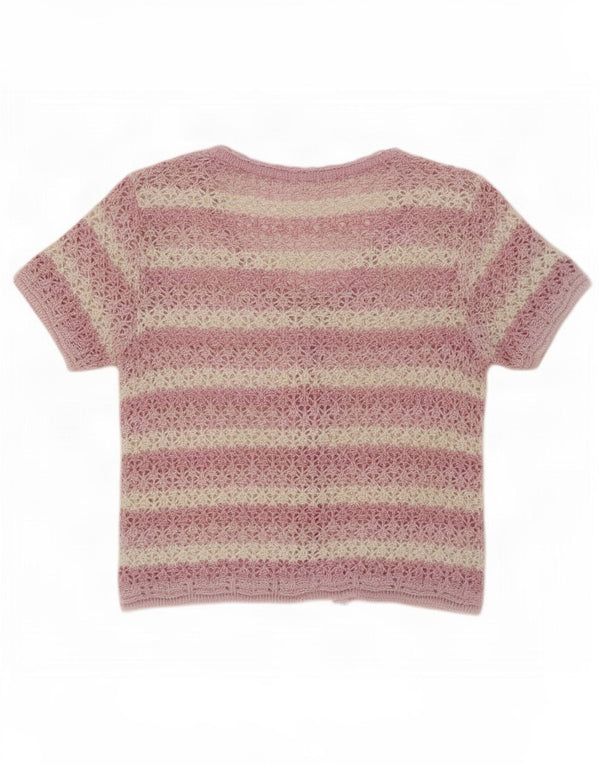 Vintage Damen Kurzarm-Cardigan-Pullover UK 14 Mittelrosa gestreift