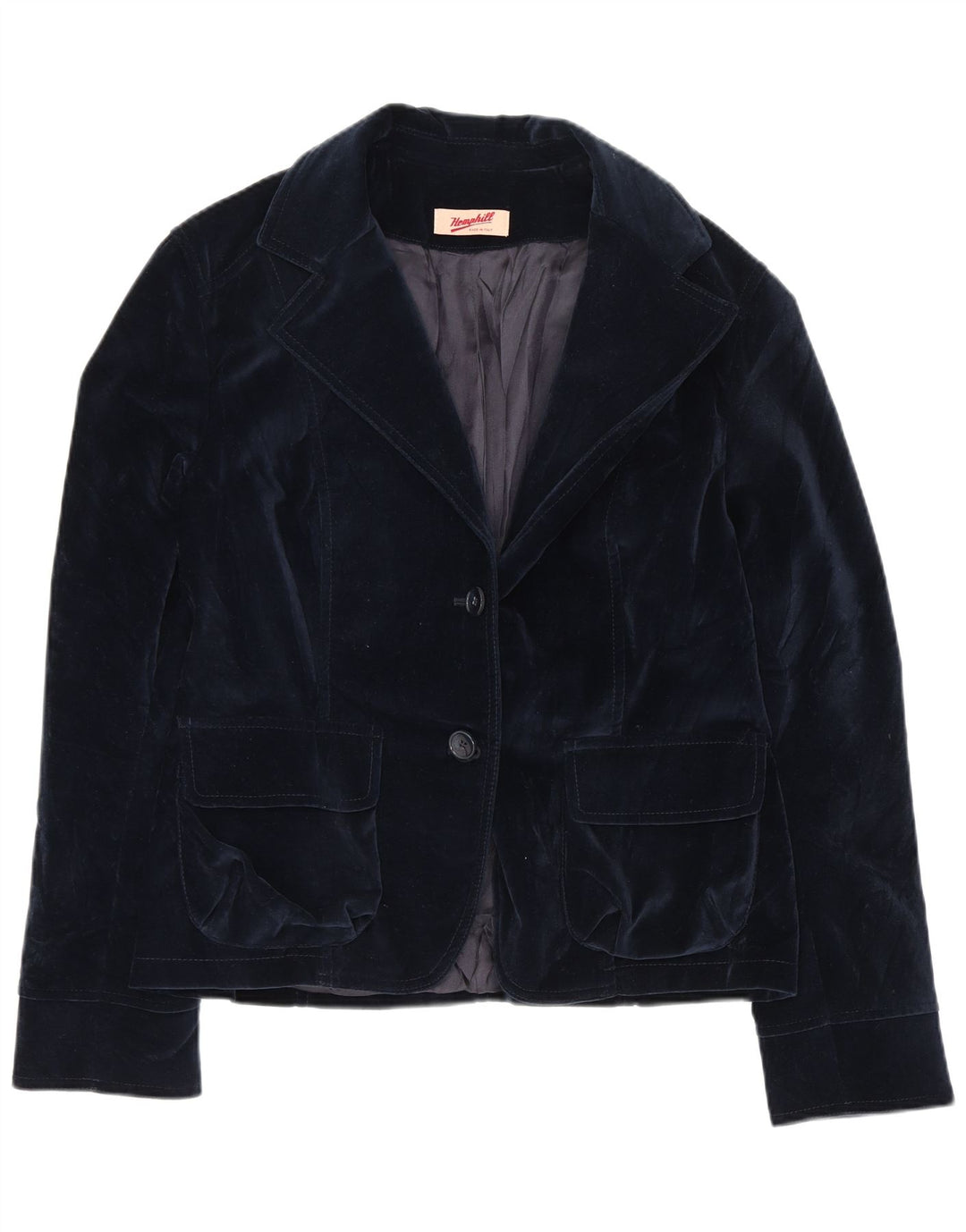 Vintage Damen 2-Knopf-Samt-Blazer-Jacke IT 44 Mittelmarineblaue Baumwolle