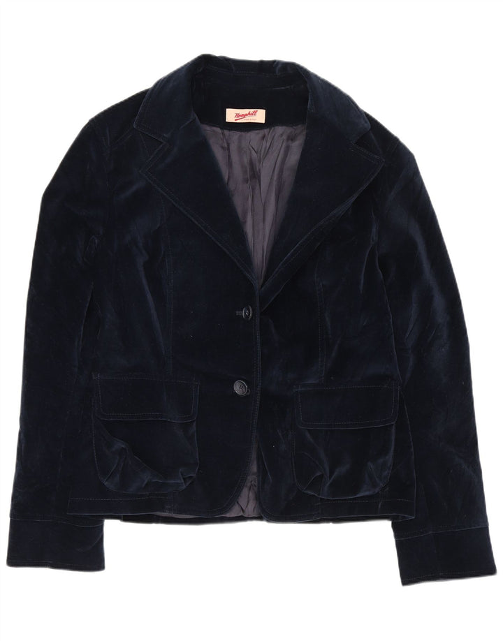 Vintage Damen 2-Knopf-Samt-Blazer-Jacke IT 44 Mittelmarineblaue Baumwolle