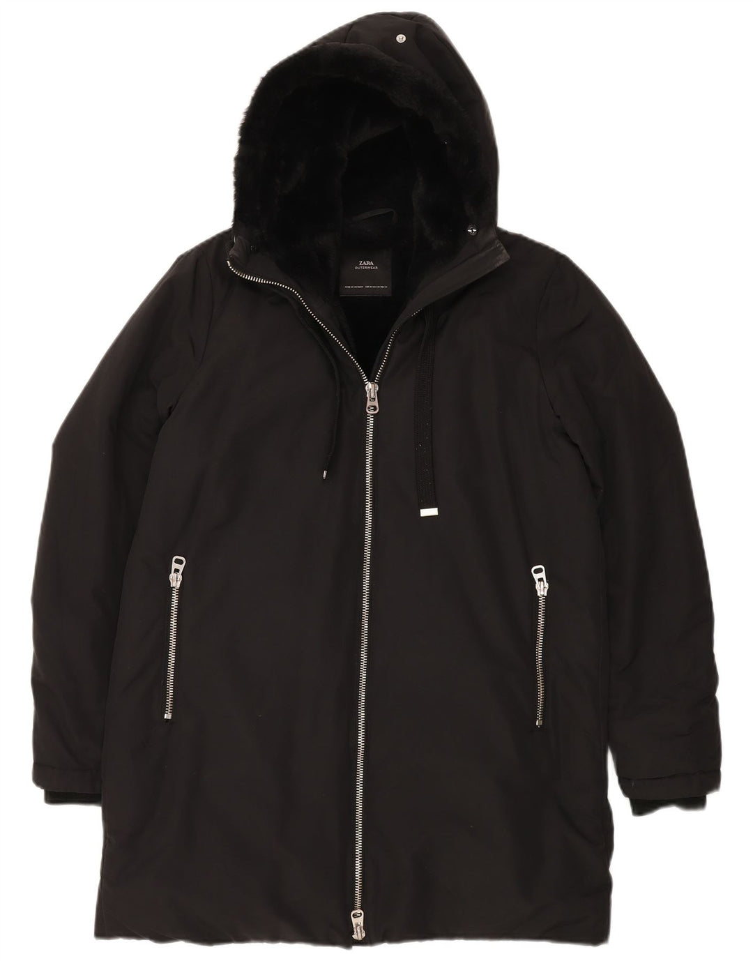 ZARA Damen Sherpa-Windbreaker-Mantel mit Kapuze, UK 14, Mittelschwarz, Polyester