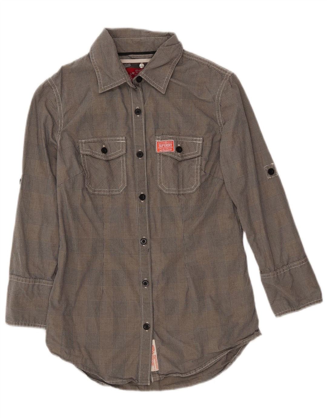 Superdry Damen-Hemd mit 3/4-Ärmeln, Größe S, Grau, Hahnentrittmuster, Baumwolle