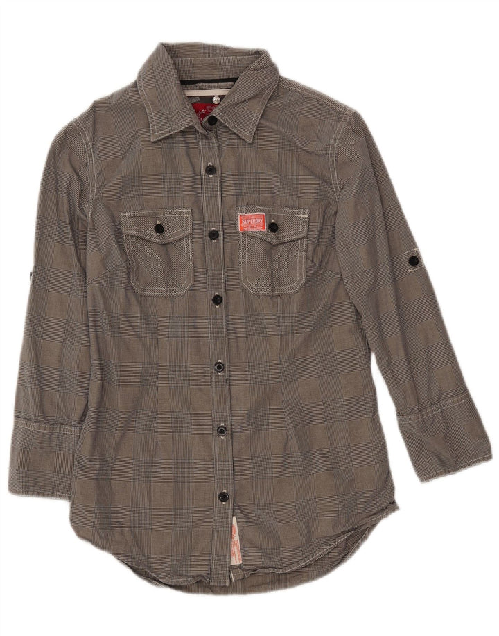 Superdry Damen-Hemd mit 3/4-Ärmeln, Größe S, Grau, Hahnentrittmuster, Baumwolle